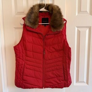 Talbots Red Quilted Puffer Vest with Faux Fur Collar